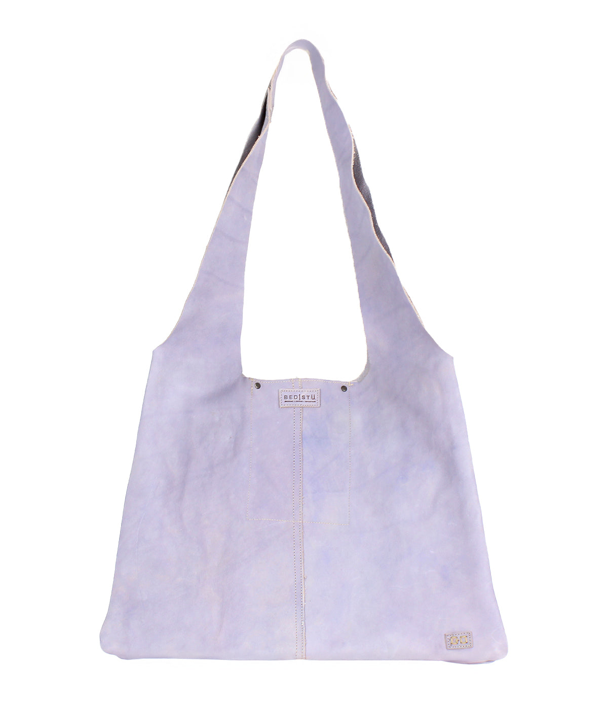 The Ariel II by Bed|Stü is a light purple suede shoulder bag featuring a wide strap, a rectangular silhouette, and a small branded patch near the bottom corner—delivering lightweight style and everyday practicality in one chic tote.