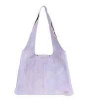 The Ariel II by Bed|Stü is a light purple suede shoulder bag featuring a wide strap, a rectangular silhouette, and a small branded patch near the bottom corner—delivering lightweight style and everyday practicality in one chic tote.