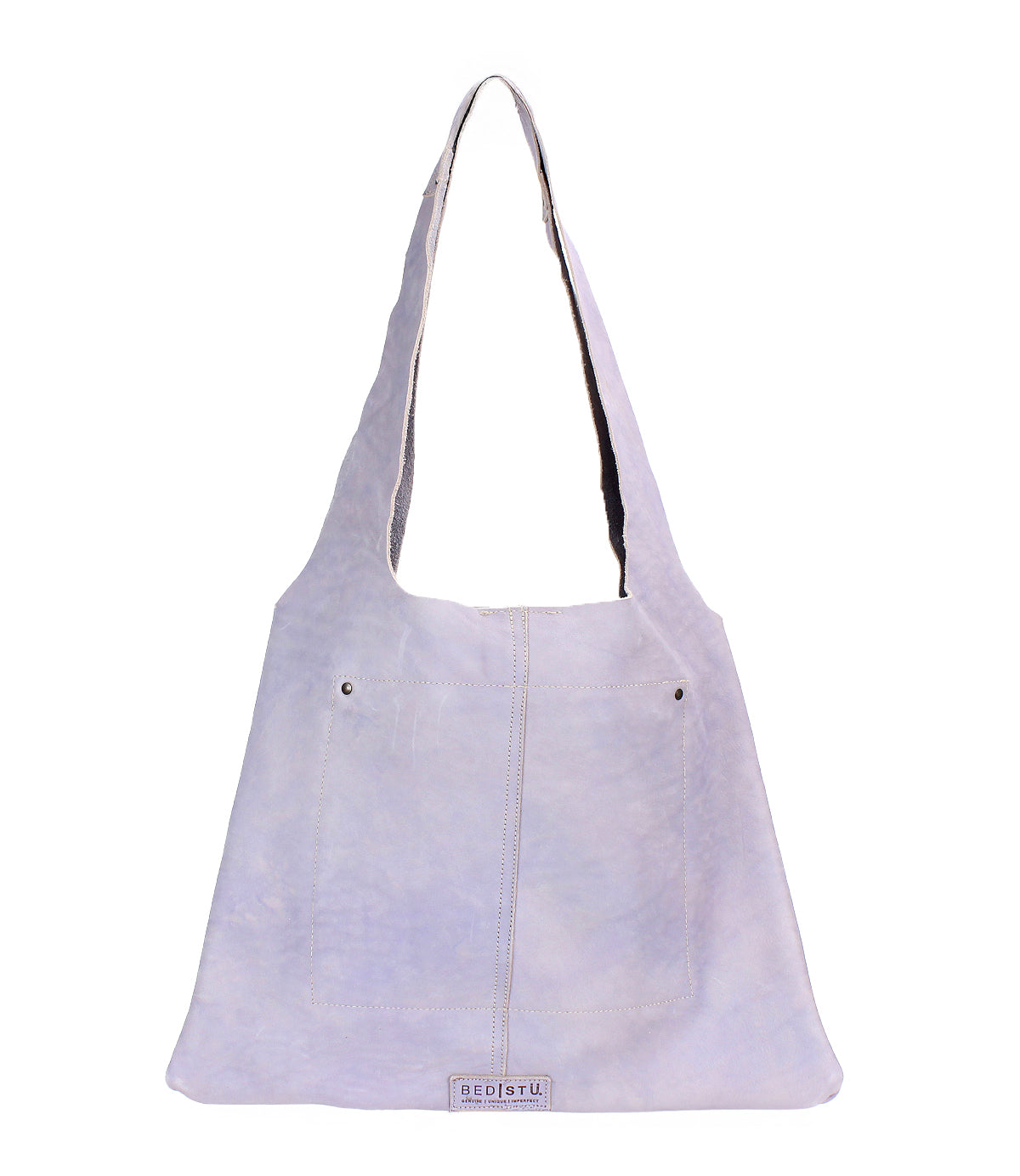 Introducing the Ariel II by Bed|Stü—a spacious, square-shaped leather tote in light purple featuring a wide shoulder strap, front pocket, and a small "Bed|Stü" label at the bottom center. Carry your essentials in style with this chic and functional bag.