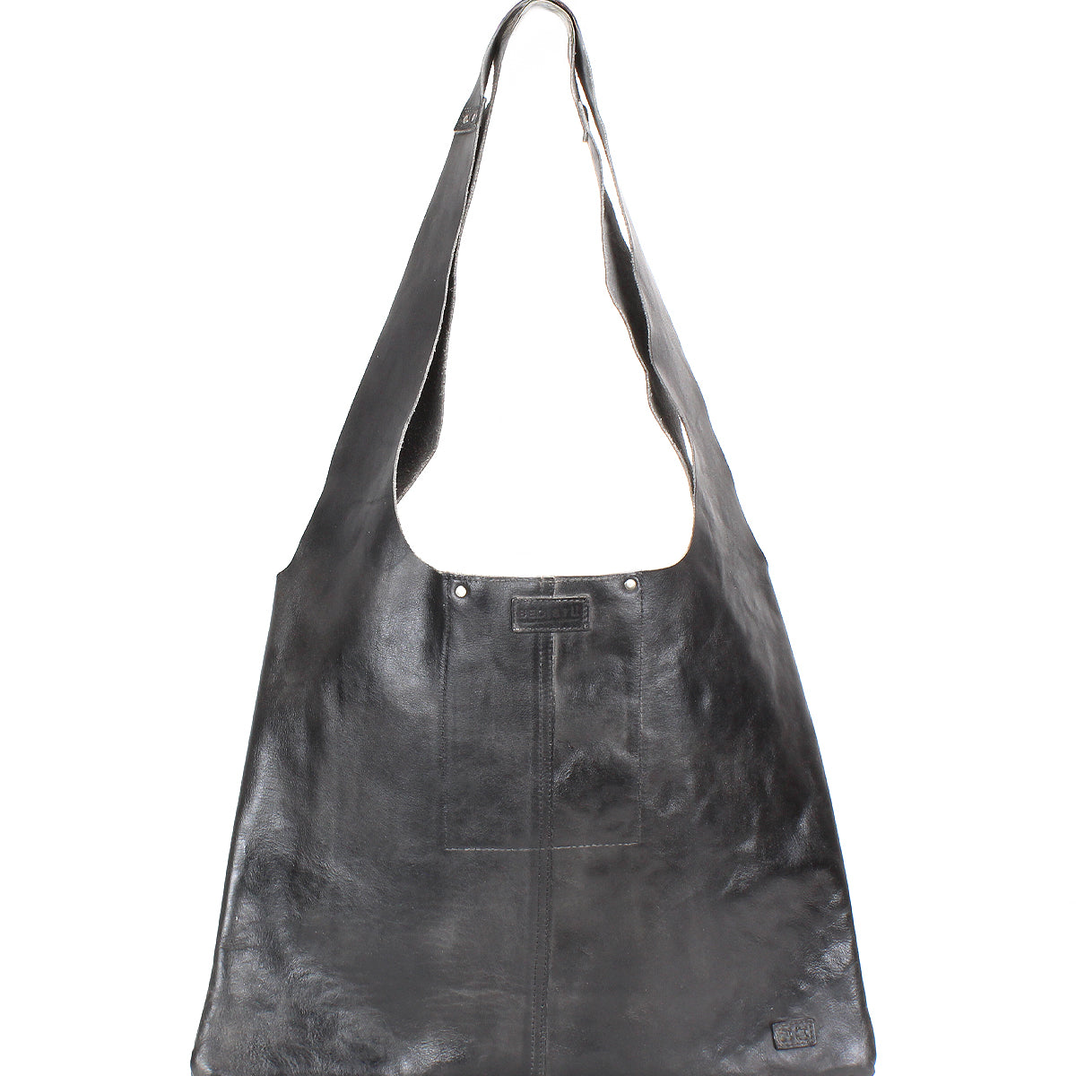 The Ariel II by Bed|Stü is a large black leather tote bag featuring a wide strap, a rectangular body, simple stitching, and a slightly glossy finish, beautifully displayed on a white background. This spacious tote combines style and functionality, making it ideal for everyday use.