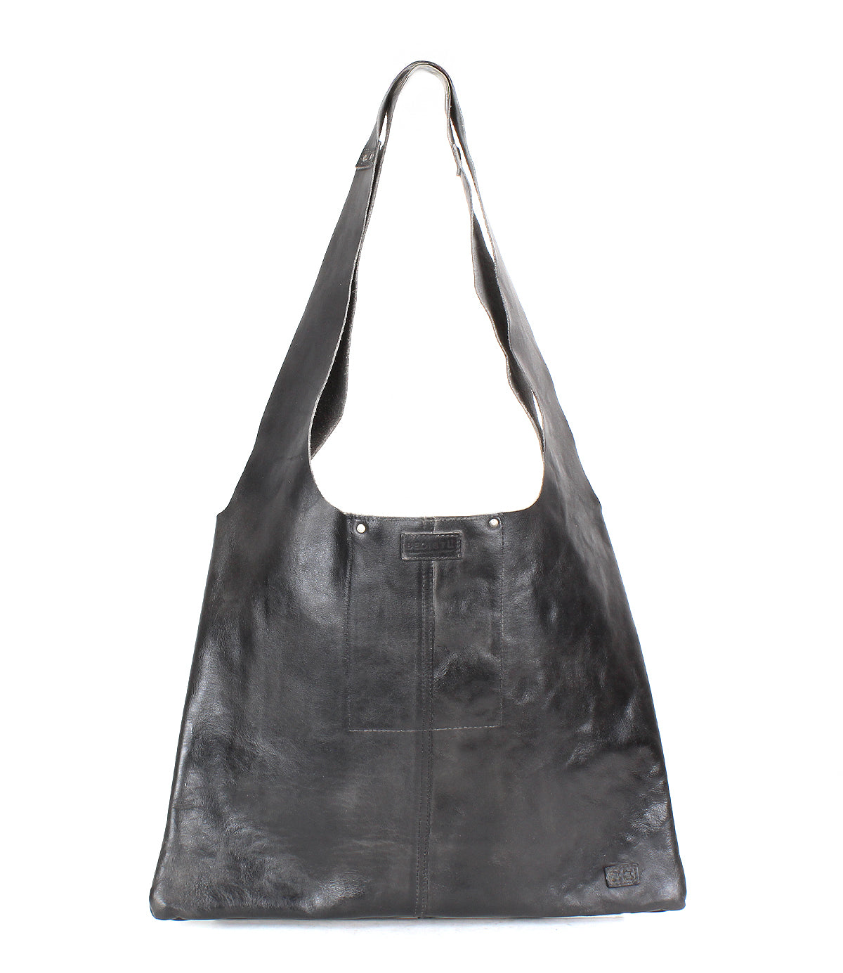 The Ariel II by Bed|Stü is a large black leather tote bag featuring a wide strap, a rectangular body, simple stitching, and a slightly glossy finish, beautifully displayed on a white background. This spacious tote combines style and functionality, making it ideal for everyday use.