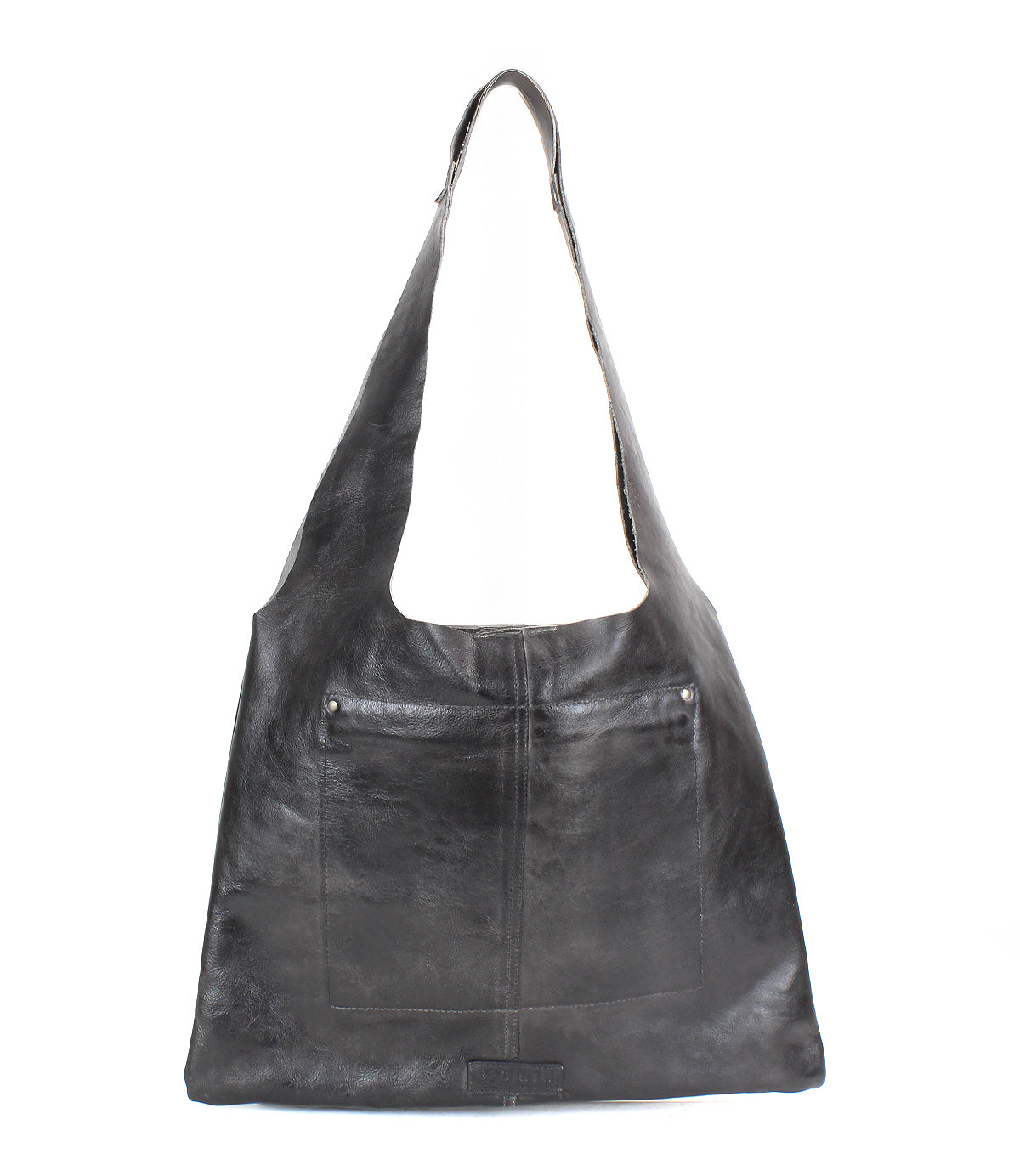 The Ariel II by Bed|Stü is a black leather tote shoulder bag featuring a wide strap and a large front pocket, shown against a white background. This spacious tote blends modern style with everyday functionality.