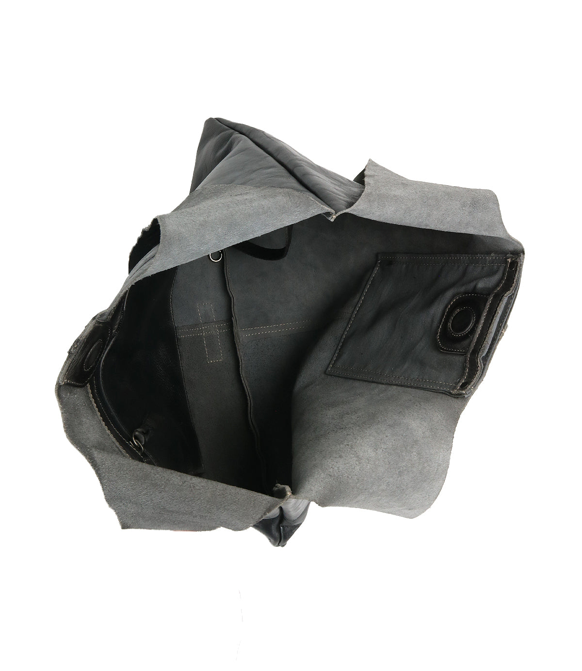 The Ariel II by Bed|Stü is an open, empty gray leather tote bag viewed from above, featuring a large main compartment and an interior pocket on one side—making it an ideal spacious tote for everyday essentials.
