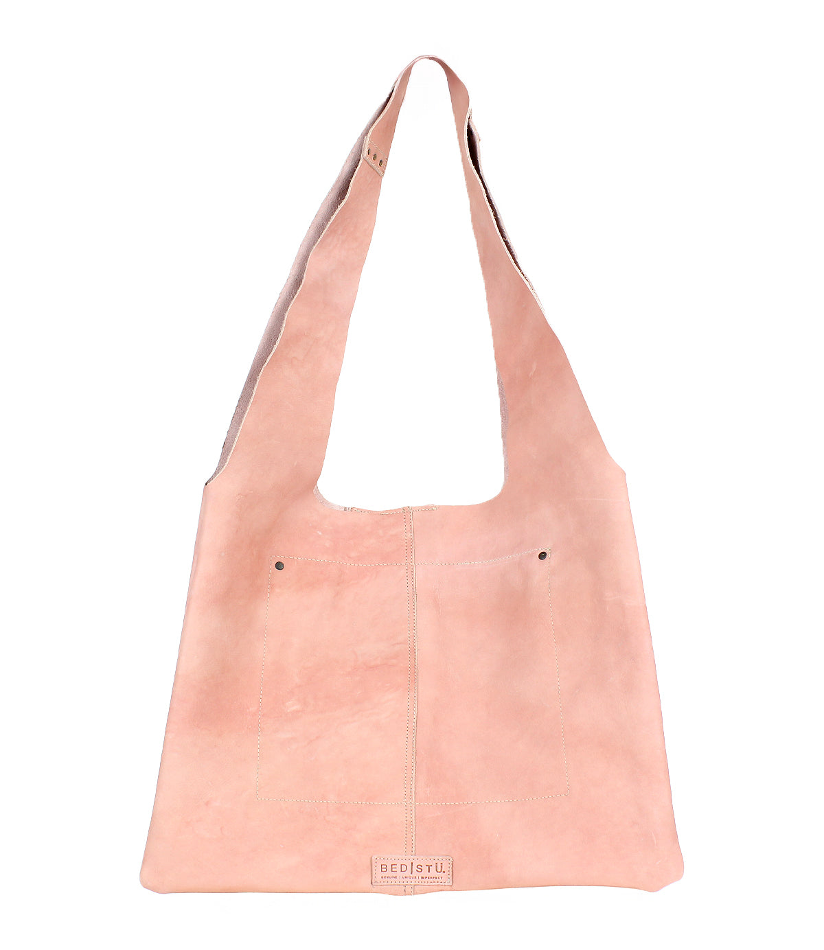 The Ariel II by Bed|Stü is a light pink leather tote shoulder bag featuring a wide strap, front stitching, and two small front pockets. This spacious tote has the Bed|Stü brand label visible at the bottom center.