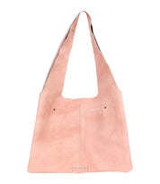 The Ariel II by Bed|Stü is a light pink leather tote shoulder bag featuring a wide strap, front stitching, and two small front pockets. This spacious tote has the Bed|Stü brand label visible at the bottom center.