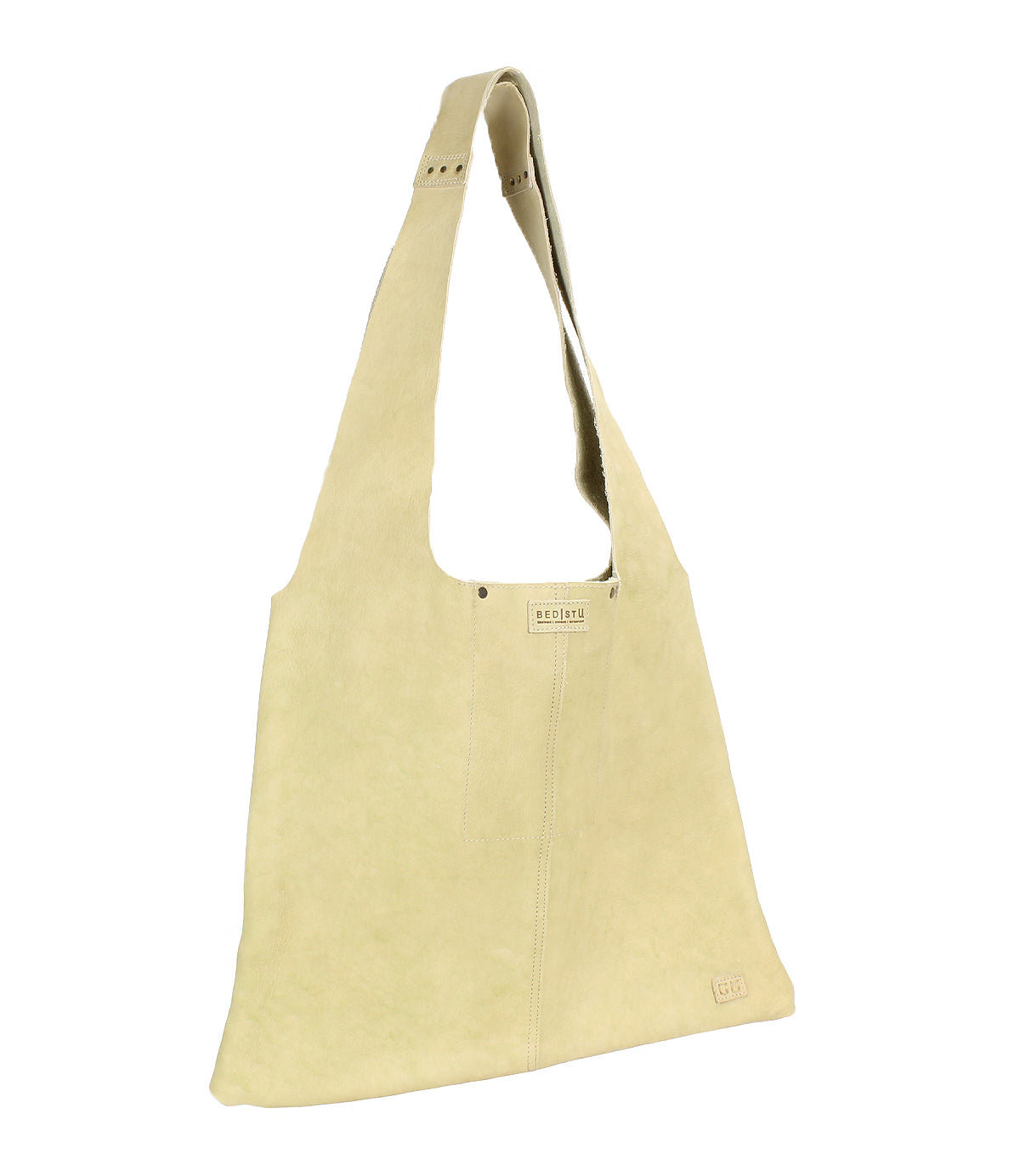 The Ariel II by Bed|Stü is a beige suede shoulder bag featuring a wide strap, flat rectangular body, and minimal stitching detail. Photographed on a white background, this spacious tote combines elegant style with everyday practicality.