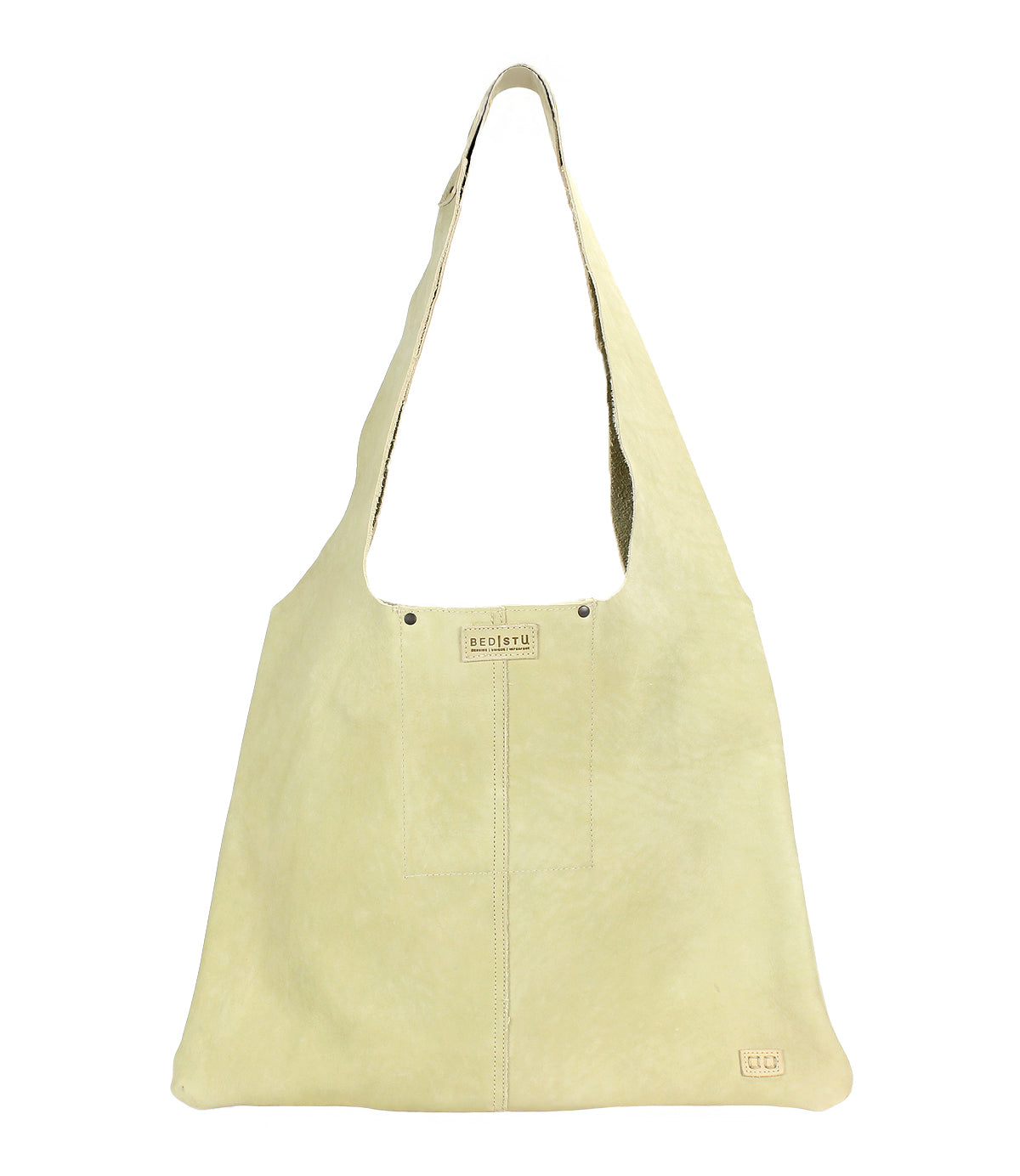 The Ariel II by Bed|Stü is a spacious beige leather shoulder bag featuring a single wide strap, minimal stitching, and small brand tags visible on the front.