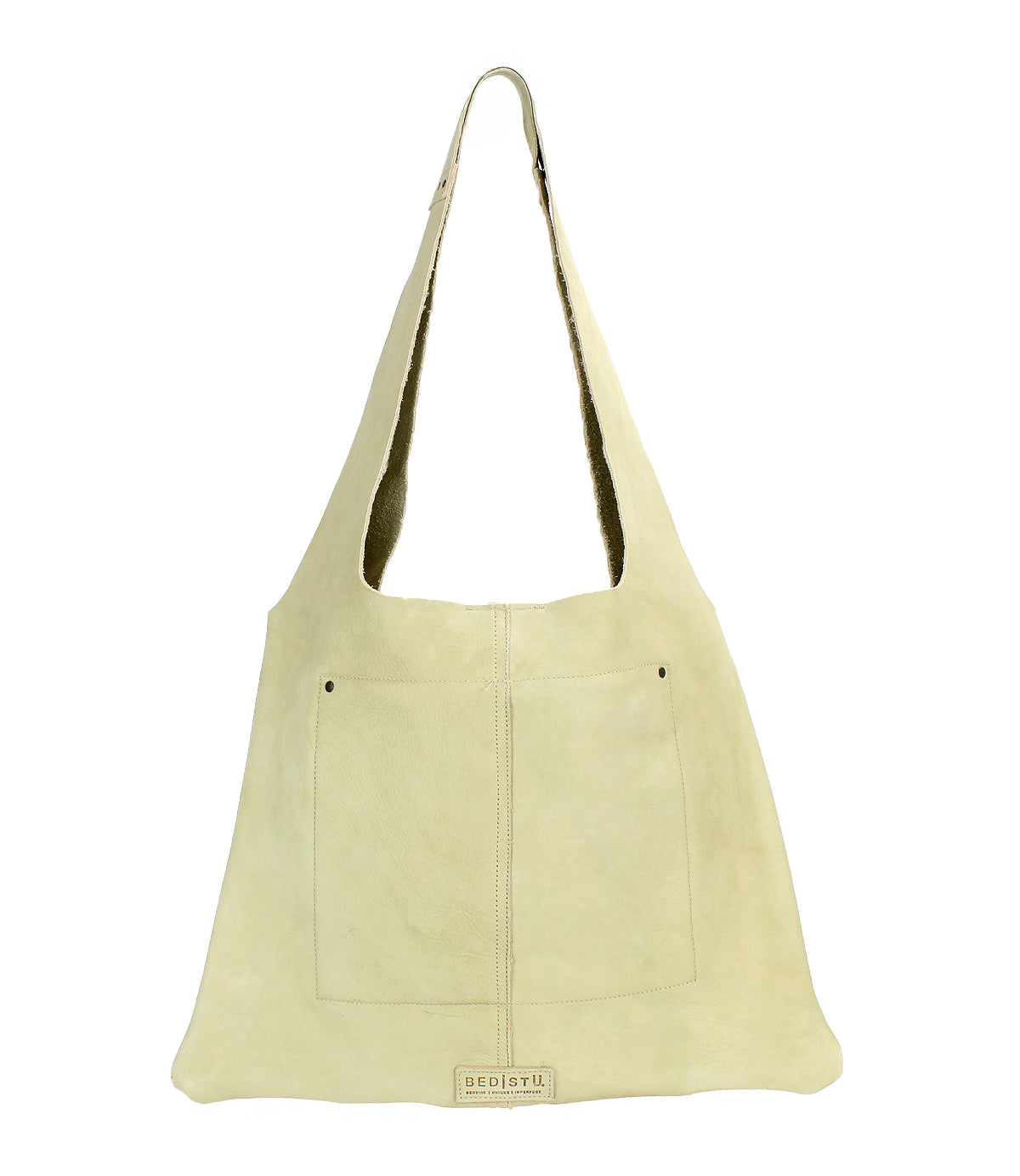 Introducing the Bed|Stü Ariel II, a beige leather tote shoulder bag featuring a single wide strap, spacious front patch pockets, and a rectangular logo patch at the bottom center. Combining functionality with timeless style, the Ariel II is perfect for everyday use.