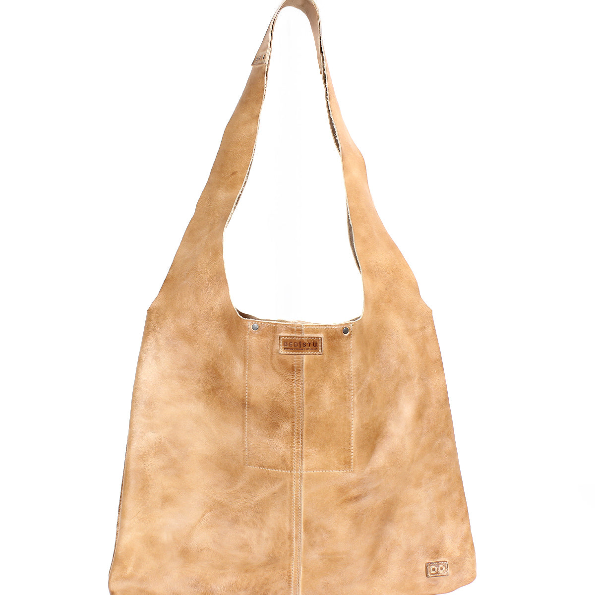 Spacious and lightweight, the Ariel II tote bag by Bed|Stü boasts a tan leather exterior, wide shoulder strap, rectangular body, visible stitching, and a small logo patch at the bottom right corner.