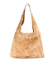 The Ariel II by Bed|Stü is a tan leather shoulder bag featuring a wide strap and a front pocket; this spacious tote is photographed against a white background.