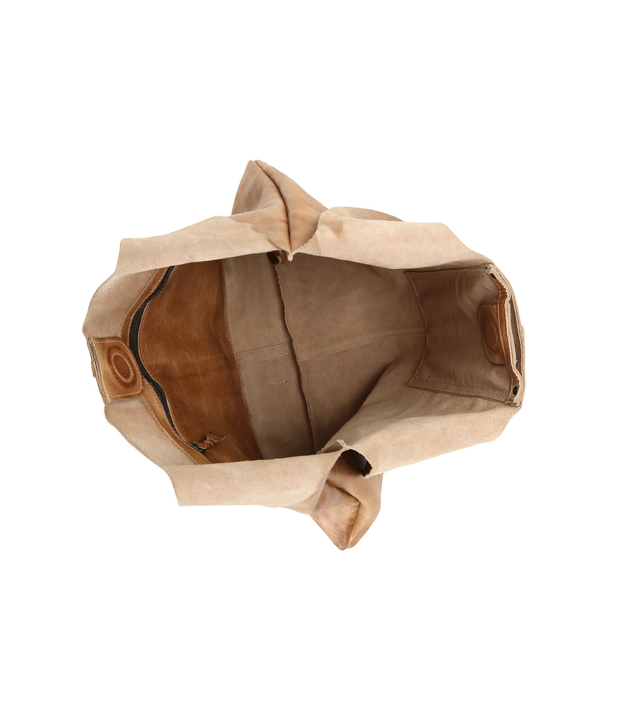 Top view of the Bed|Stü Ariel II, a spacious tan suede tote bag featuring a brown leather interior pocket and visible inside compartments, displayed against a white background.