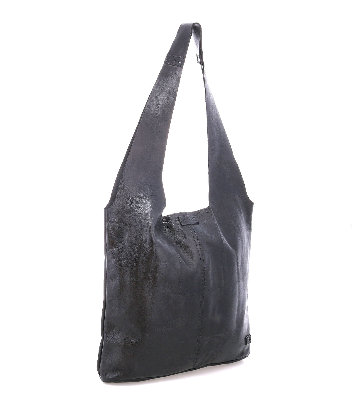 The Ariel Max by Bed|Stü is an oversized black leather shoulder bag with a rectangular silhouette and a long, wide strap. Hand-finished for a unique look, this spacious tote is perfect for carrying all your essentials in style and is photographed against a white background.