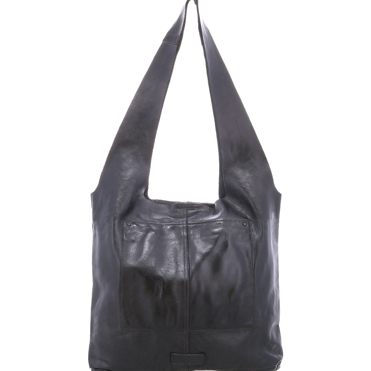 The Ariel Max by Bed|Stü is a large, hand-finished black leather shoulder bag with wide straps and two front pockets, offering a spacious interior. It is photographed against a white background.