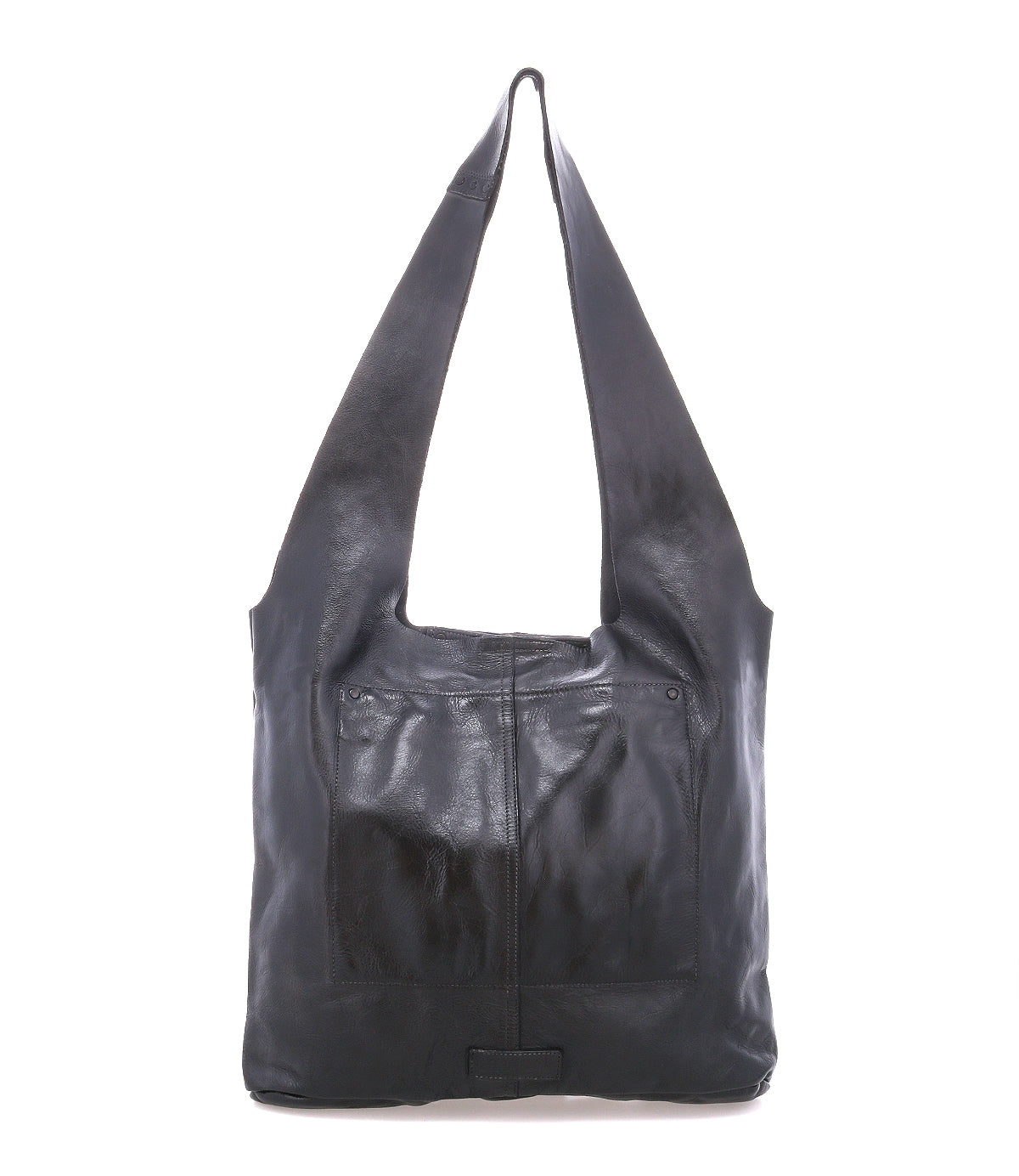 The Ariel Max by Bed|Stü is a large, hand-finished black leather shoulder bag with wide straps and two front pockets, offering a spacious interior. It is photographed against a white background.