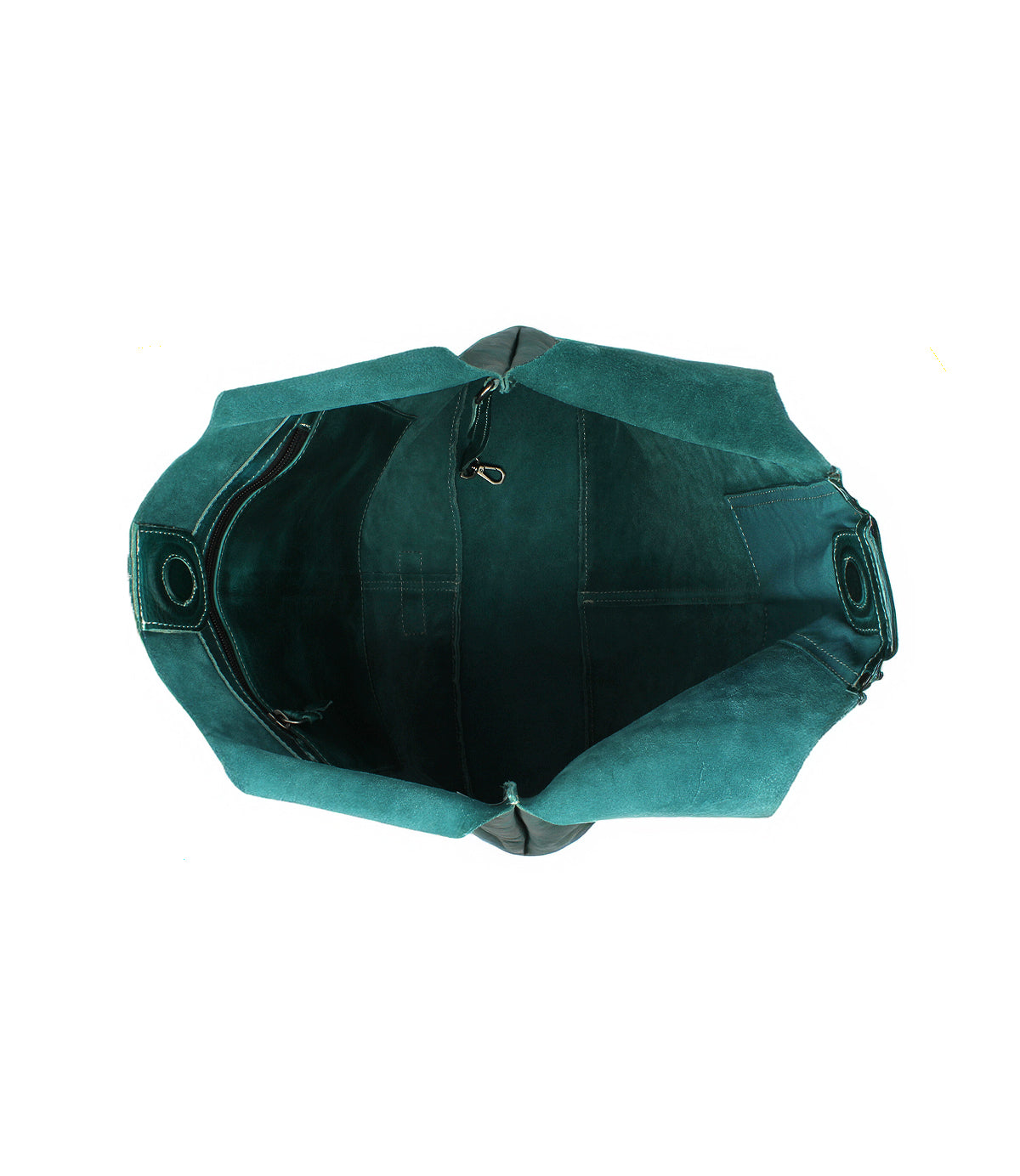 Top view of the Ariel Max by Bed|Stü—an open teal suede oversized tote bag featuring a spacious interior, visible interior pockets, hand-finished leather seams, and a snap closure on one side—photographed against a white background.