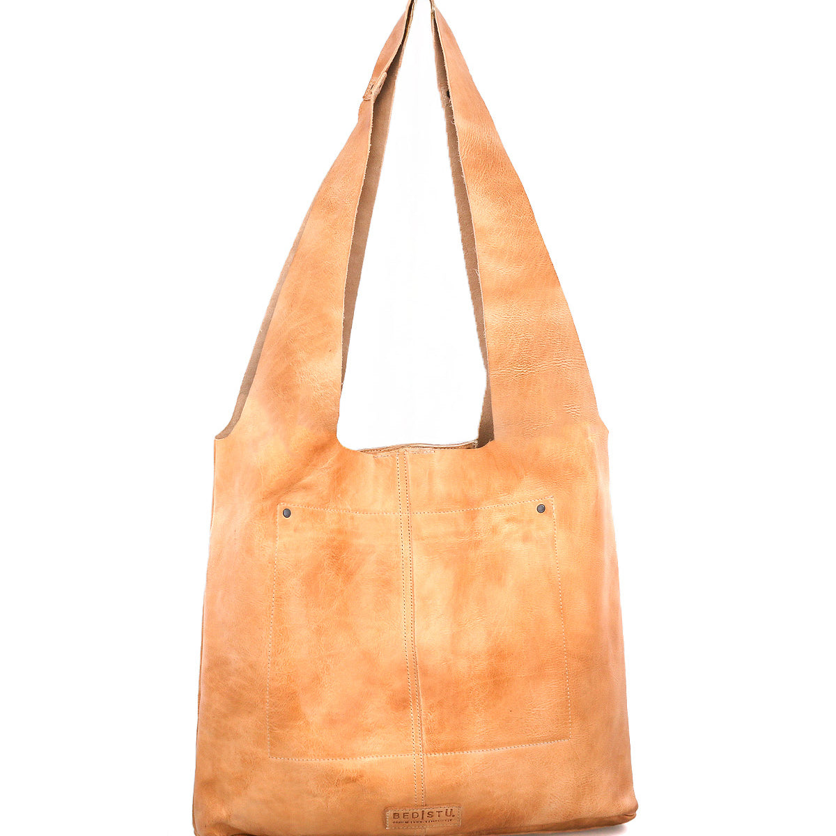 Introducing the Ariel Max by Bed|Stü—a tan leather shoulder bag featuring a wide strap, front pocket, and visible stitching on the front, expertly crafted from hand-finished leather and designed with a spacious interior to hold all your essentials.