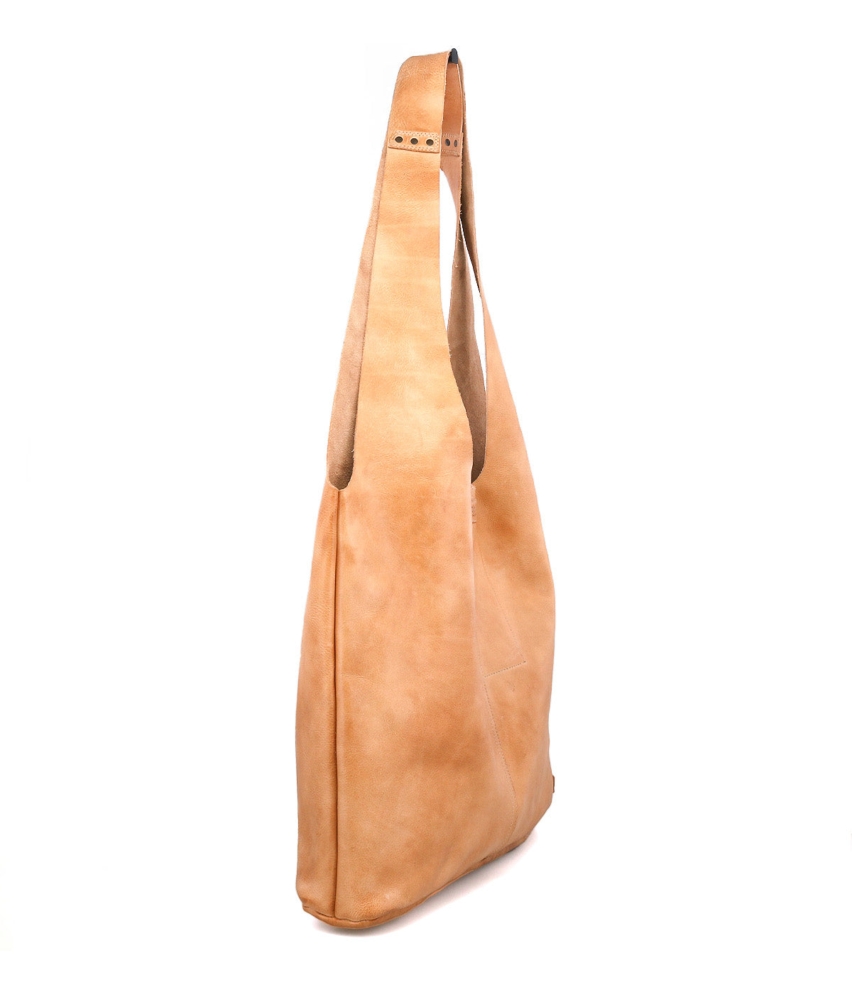 The Bed|Stü Ariel Max is a tan leather shoulder bag featuring a long, wide strap and a minimalistic design. Expertly crafted from hand-finished leather, it is shown standing upright against a white background.