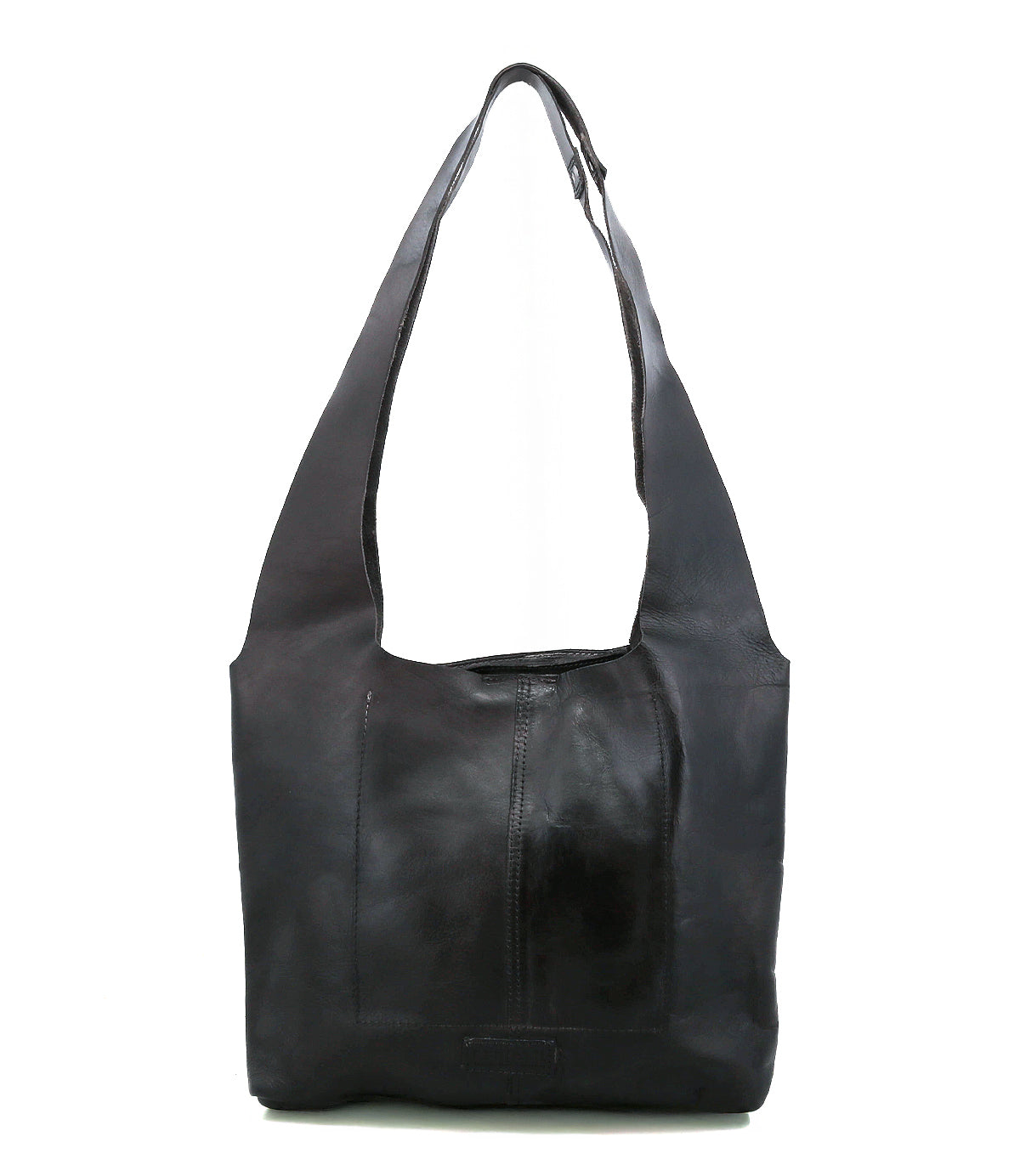 The Ariel Mid by Bed|Stü, an artisanal black shoulder bag crafted from vegetable-tanned leather with wide straps and a rectangular silhouette, is displayed upright against a white background.