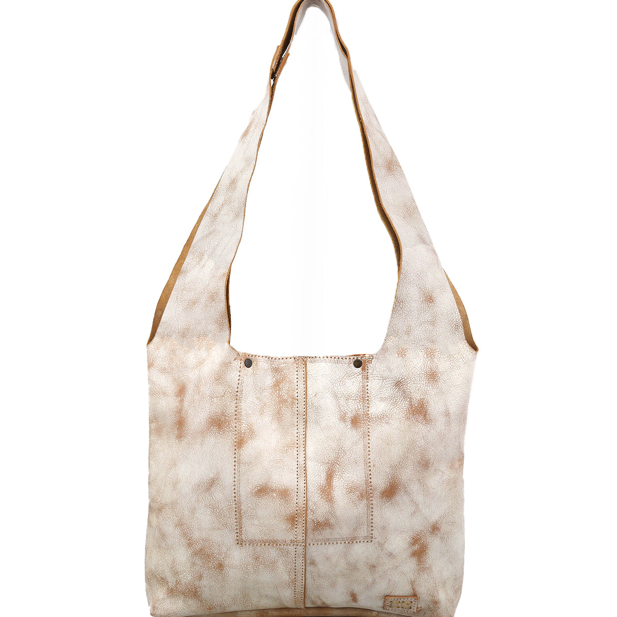 The Ariel Mid by Bed|Stü is an artisanal shoulder bag featuring a beige and brown tie-dye effect, two front pockets, a wide strap, and a rectangular base, displayed against a white background.