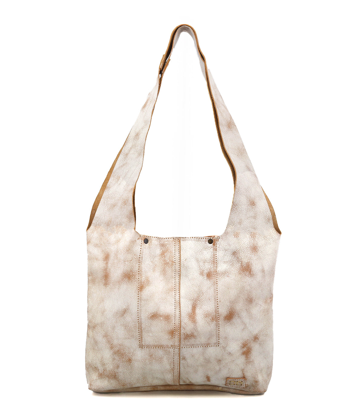 The Ariel Mid by Bed|Stü is an artisanal shoulder bag featuring a beige and brown tie-dye effect, two front pockets, a wide strap, and a rectangular base, displayed against a white background.