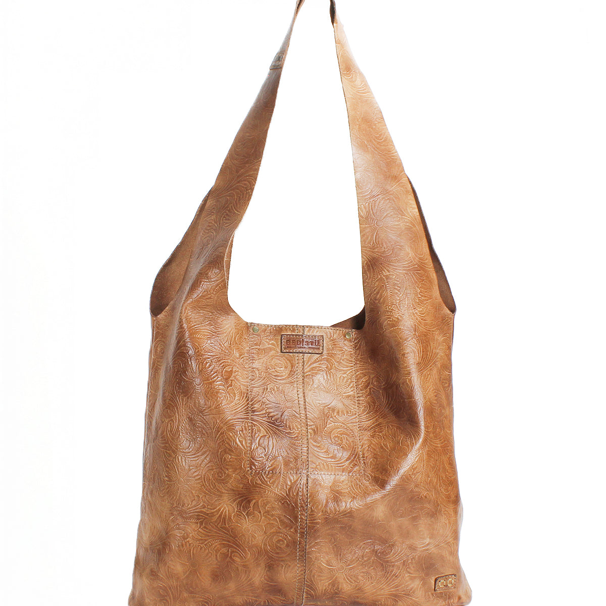 Introducing the Ariel EM by Bed|Stü—a limited edition brown leather shoulder bag featuring an embossed floral pattern, a wide strap, and a rectangular shape. Photographed against a white background, this tote effortlessly blends classic elegance with timeless craftsmanship.