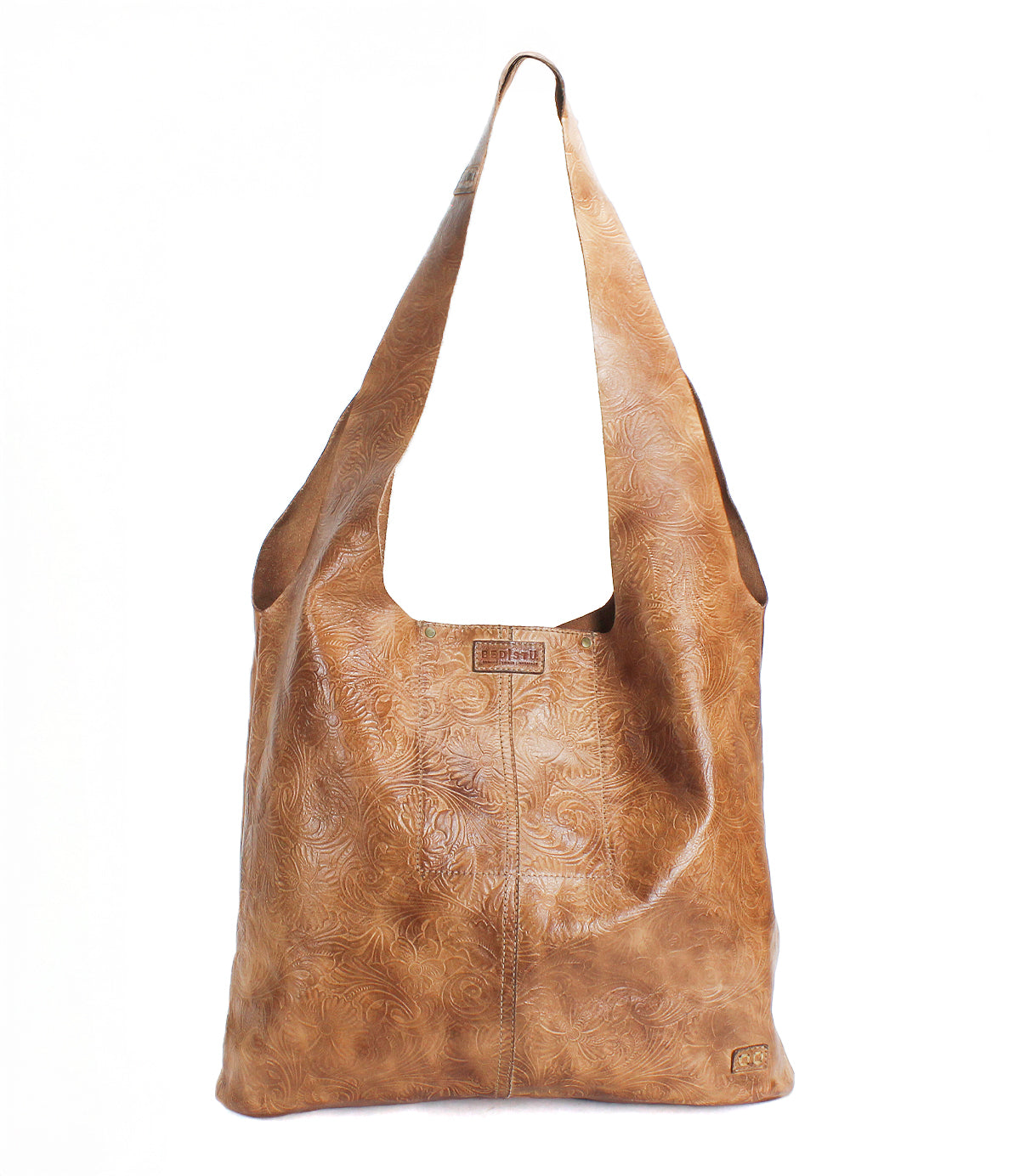 Introducing the Ariel EM by Bed|Stü—a limited edition brown leather shoulder bag featuring an embossed floral pattern, a wide strap, and a rectangular shape. Photographed against a white background, this tote effortlessly blends classic elegance with timeless craftsmanship.