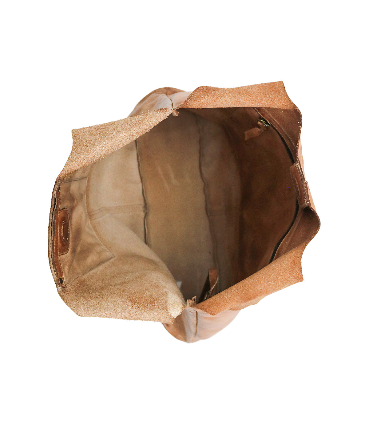Bed|Stü Ariel EM limited edition tote in brown suede and leather, photographed from above to reveal its empty interior, side pocket, and visible seams.