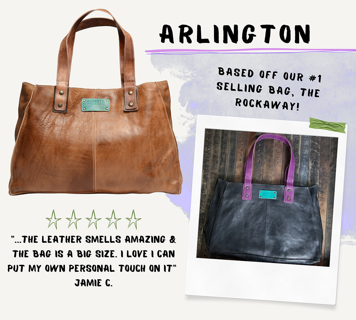 Arlington customizable handbag tan with teal patch. 5 Review by customer The leather smells amazing and the bag is a big size. 