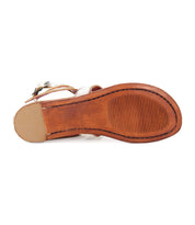 The Artemis II by Bed|Stü is a brown leather thong sandal shown from the bottom, featuring a sole with horizontal grooves on the forefoot and a smooth heel section. Sturdy leather straps enhance the classic, timeless design.