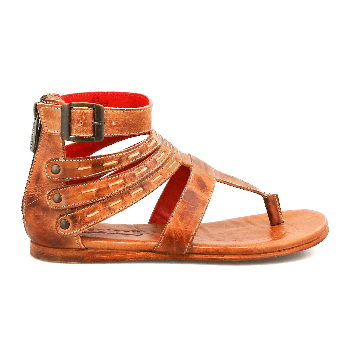 Artemis II by Bed|Stü: Shown in a side profile view, this brown leather gladiator sandal features an ankle strap with metal buckle, decorative leather side straps, and a heel zipper closure.