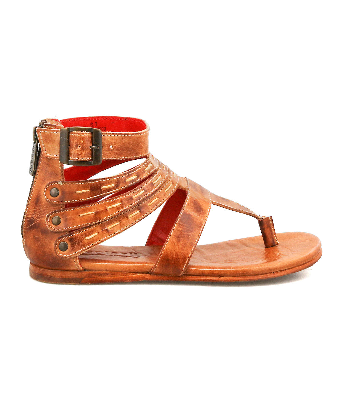 Artemis II by Bed|Stü: Shown in a side profile view, this brown leather gladiator sandal features an ankle strap with metal buckle, decorative leather side straps, and a heel zipper closure.