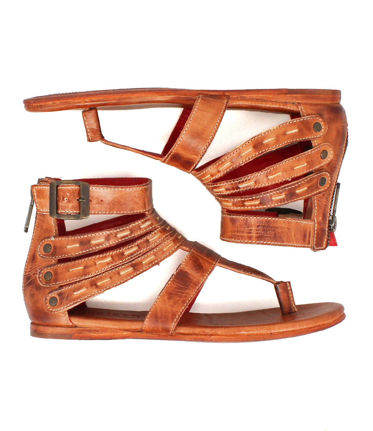 A pair of Bed|Stü Artemis II brown leather gladiator sandals, featuring leather straps, buckles, and zipper closures, displayed side by side to showcase the outer sides and side straps.