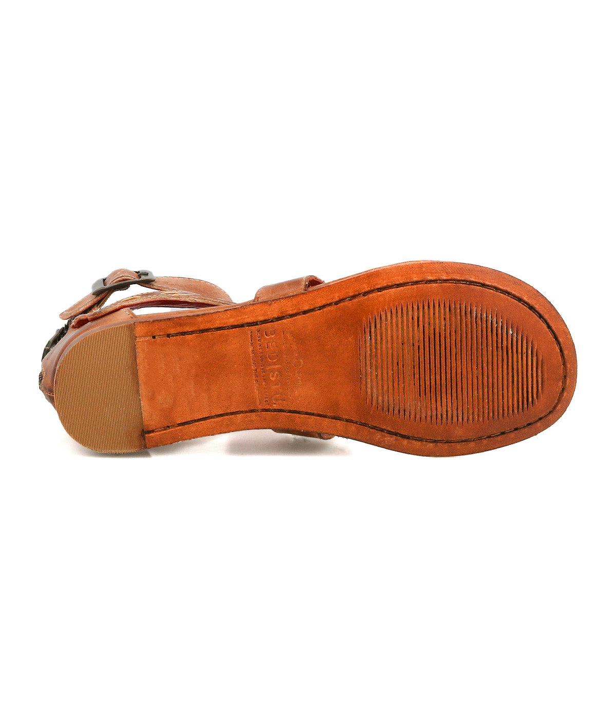 The underside of the Artemis II sandal by Bed|Stü, featuring brown leather straps and a textured rubber sole with a visible tread pattern, shown from a bottom view.