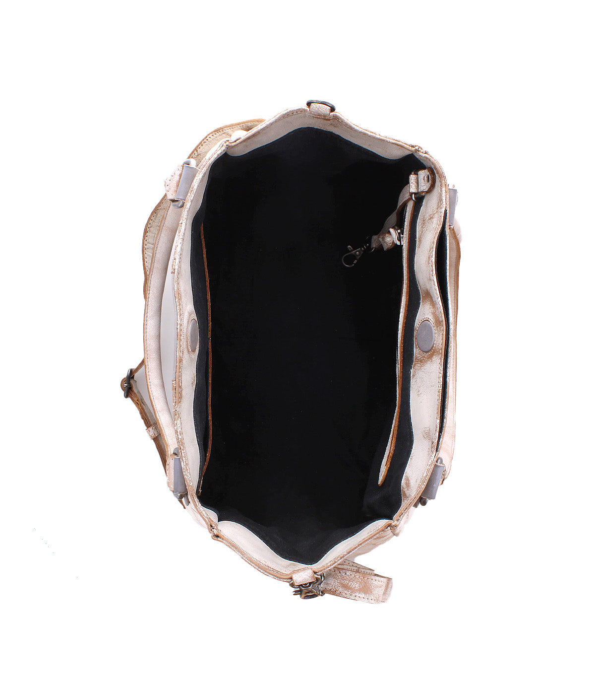 Top view of the Bed|Stü Astana handbag in beige, featuring a black interior, spacious compartment, light-colored straps, and a small side pocket with a clasp.
