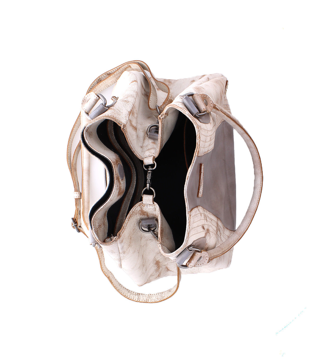 Top view of the Bed|Stü Astana, an open beige leather handbag with multiple compartments and silver hardware, showcasing its spacious interior sections and sturdy handles—this modern Astana bag seamlessly combines style and function, making it the ideal choice for everyday use.