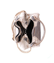 Top view of the Bed|Stü Astana, an open beige leather handbag with multiple compartments and silver hardware, showcasing its spacious interior sections and sturdy handles—this modern Astana bag seamlessly combines style and function, making it the ideal choice for everyday use.