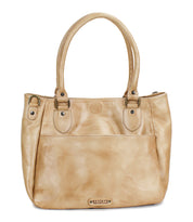 Introducing the Astana by Bed|Stü—a beige leather handbag featuring double handles, a convenient front pocket, and a metal Bed|Stü logo on the lower front. This modern accessory flawlessly blends timeless style with functional design, making it your ideal everyday bag.