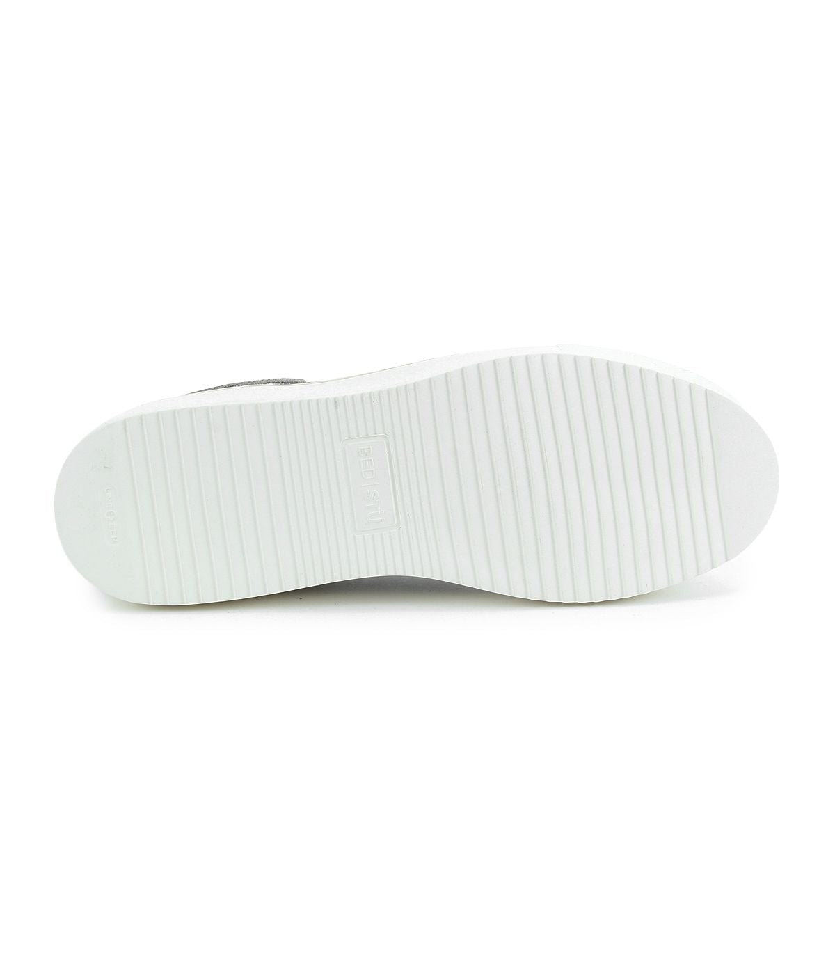 Viewed from the bottom against a plain white background, the Azeli by Bed|Stü features a white rubber shoe sole with horizontal grooves and a rectangular section in the center. This durable outsole is crafted to deliver all-day comfort for your favorite leather sneaker.