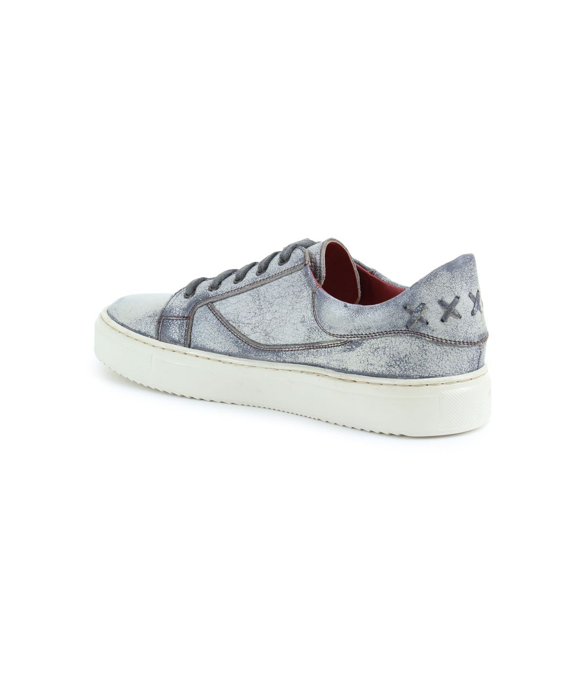 Introducing the Azeli by Bed|Stü: a single distressed gray leather sneaker with a white sole, black laces, and three X marks on the heel—crafted for all-day comfort with a durable rubber outsole, shown against a white background.