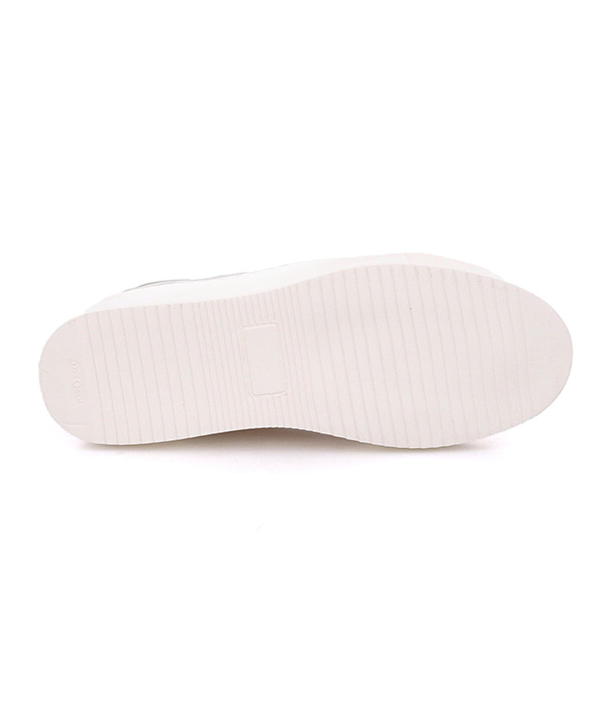 The image displays the bottom view of the Azeli by Bed|Stü, featuring a white rubber outsole with horizontal grooves and a central rectangular indent, emphasizing its durability and all-day comfort.