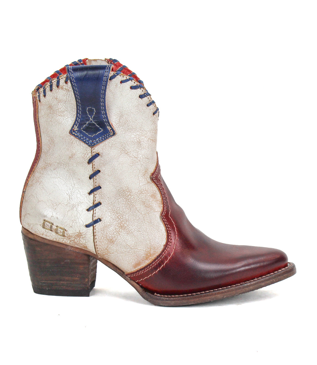 Showcasing artisanal craftsmanship for an authentic Western-inspired look, the Baila II by Bed|Stü features a pointed toe, short wooden heel, red and white leather upper with blue detailing, and decorative stitching.