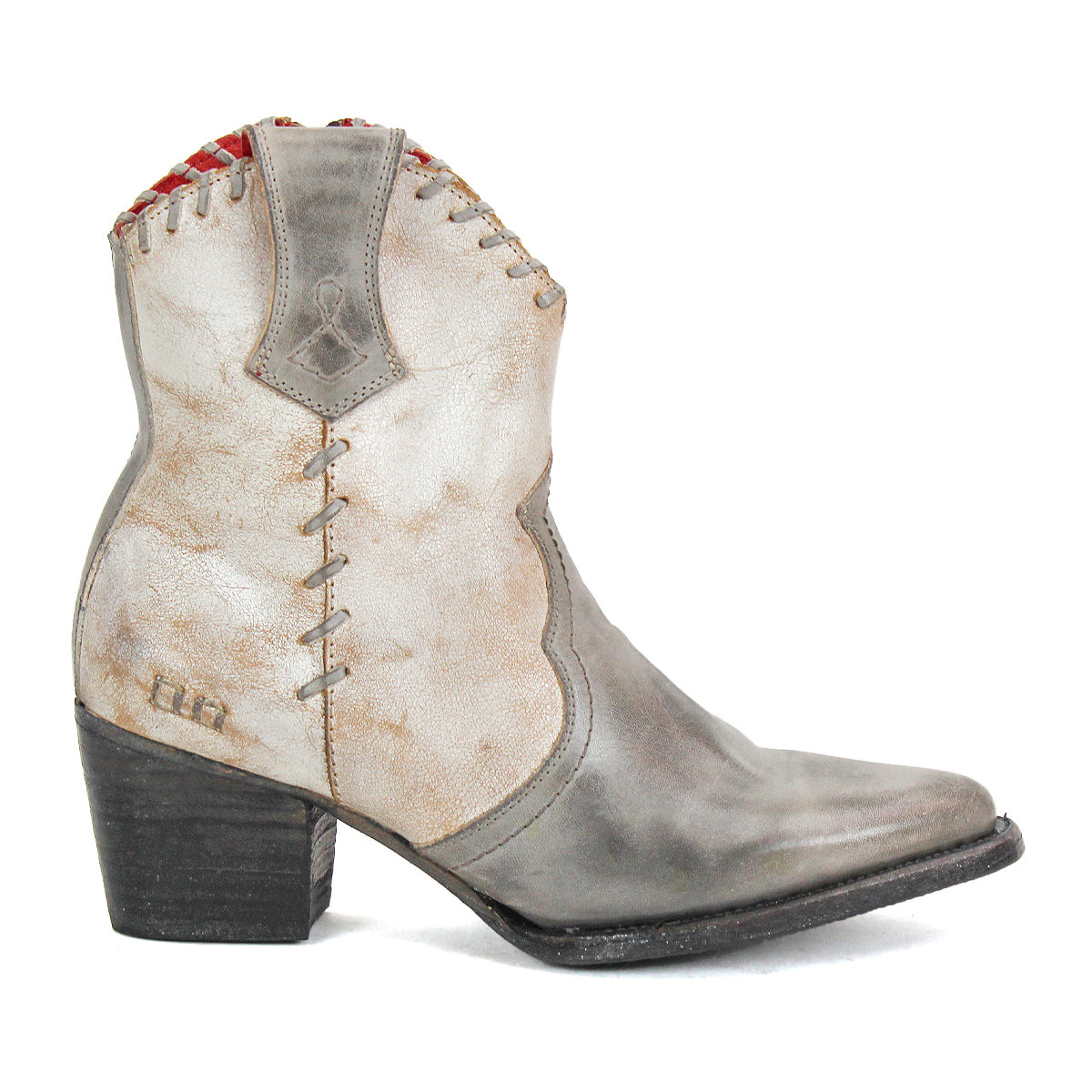 A single Baila II boot by Bed|Stü in light gray leather, featuring artisanal construction, decorative stitching, a pointed toe, and a slightly angled heel, is shown in profile against a white background.