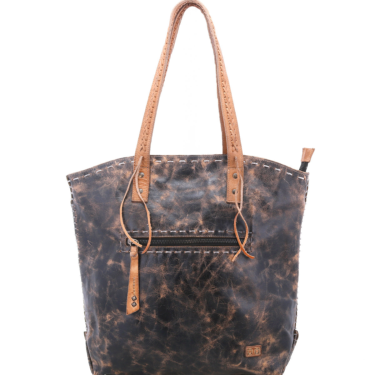 Barra II by Bed|Stü is a brown leather handcrafted tote bag featuring two tan shoulder straps, a front zipper pocket, and convenient organizational compartments. Showcasing a weathered, distressed finish, it is displayed against a white background.
