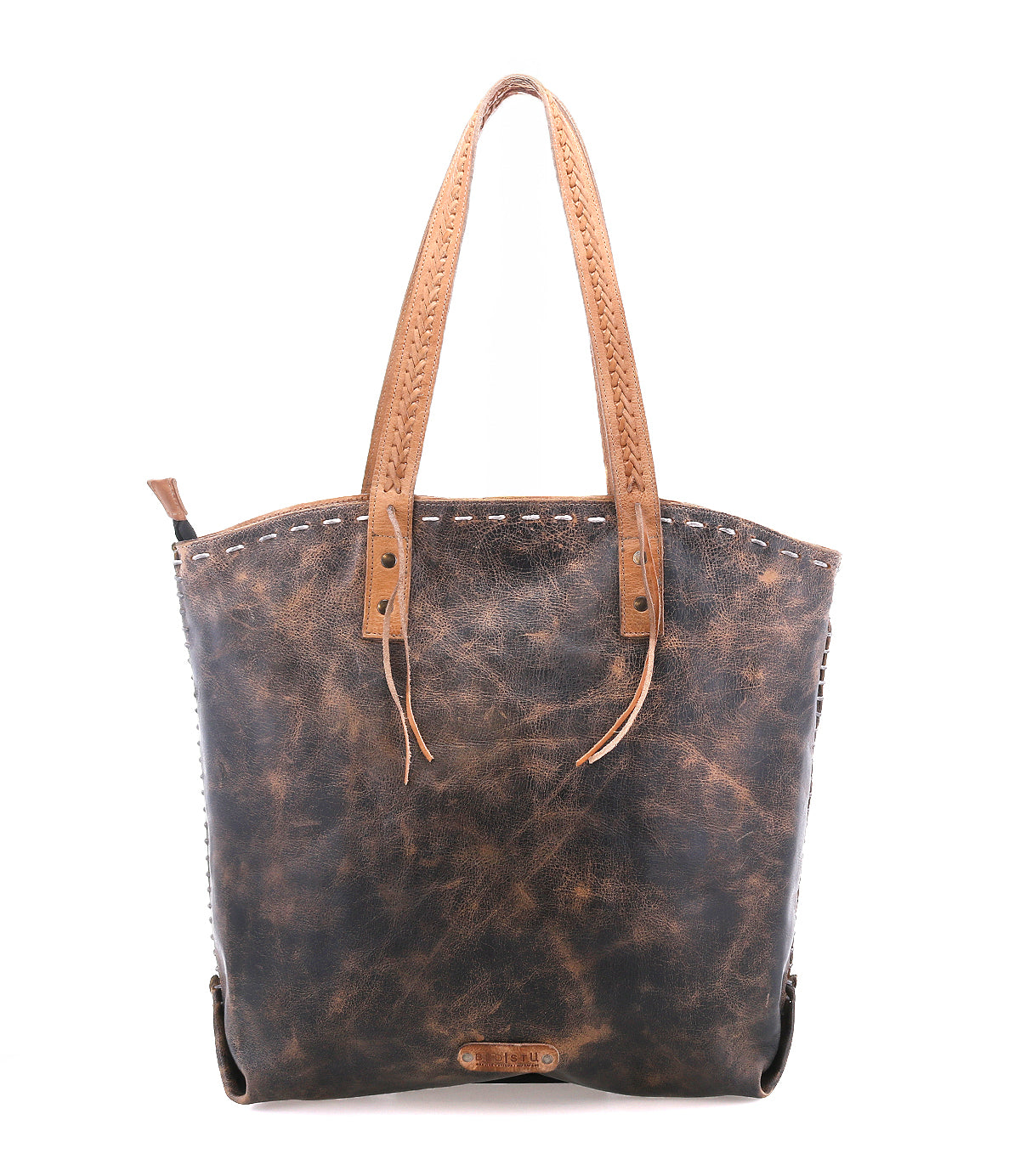 Introducing the Barra II by Bed|Stü—a brown distressed leather handcrafted tote featuring dual tan handles, decorative edge stitching, and a small logo patch near the bottom front. Thoughtfully designed with organizational compartments to keep your essentials neatly arranged, this elegant piece seamlessly blends timeless style with practical functionality.