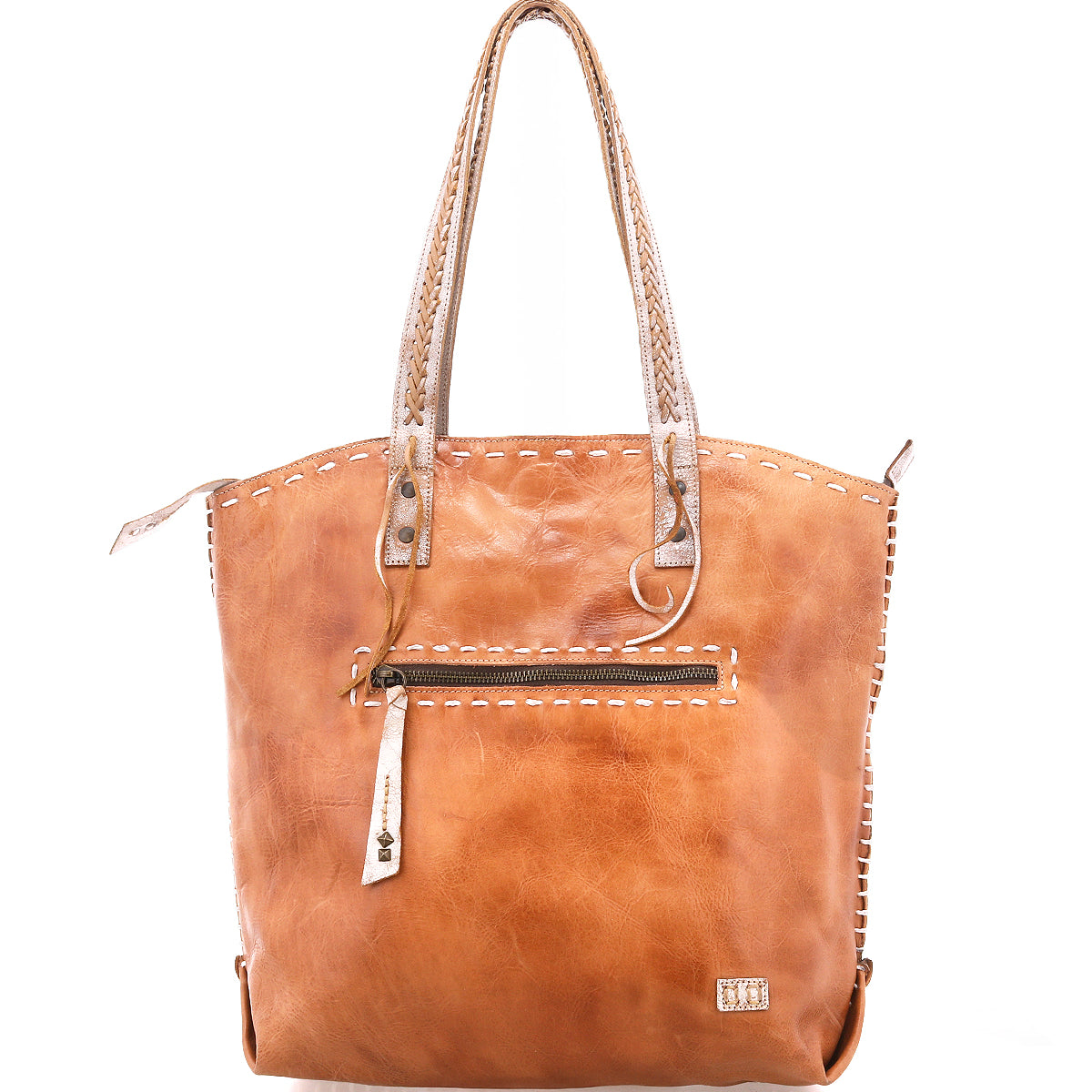 The Barra II by Bed|Stü is a brown leather handcrafted tote bag featuring double handles, organizational compartments, a front zipper pocket, visible stitching, and a small metal logo plate, shown against a white background.