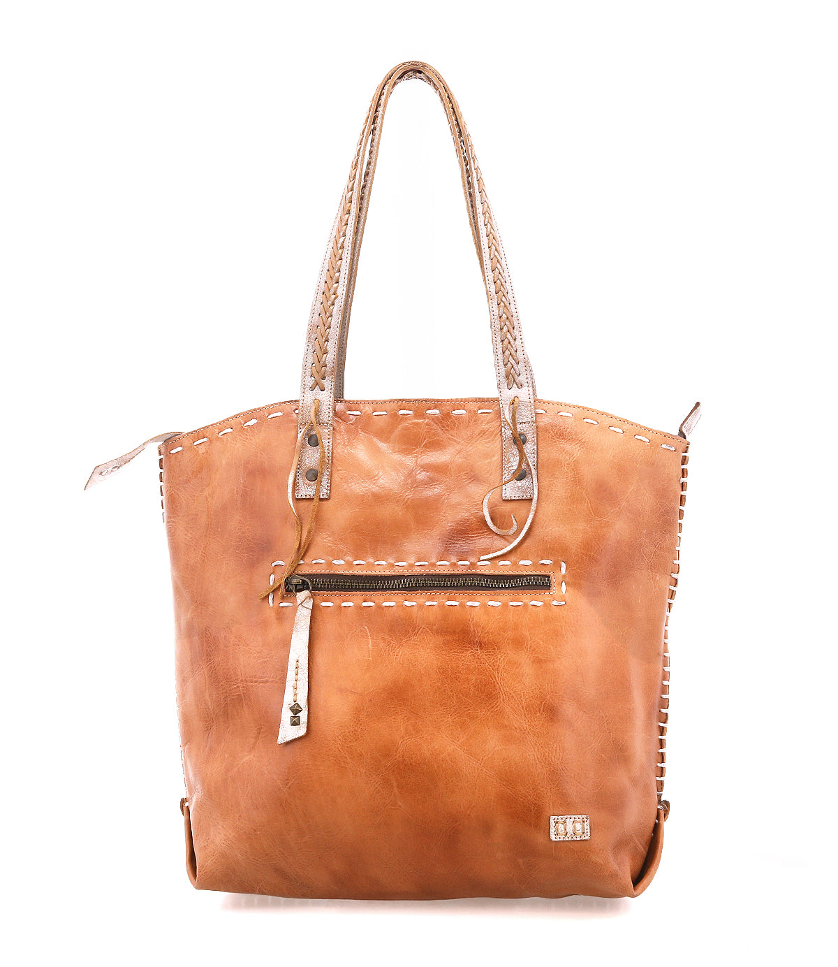 The Barra II by Bed|Stü is a brown leather handcrafted tote bag featuring double handles, organizational compartments, a front zipper pocket, visible stitching, and a small metal logo plate, shown against a white background.