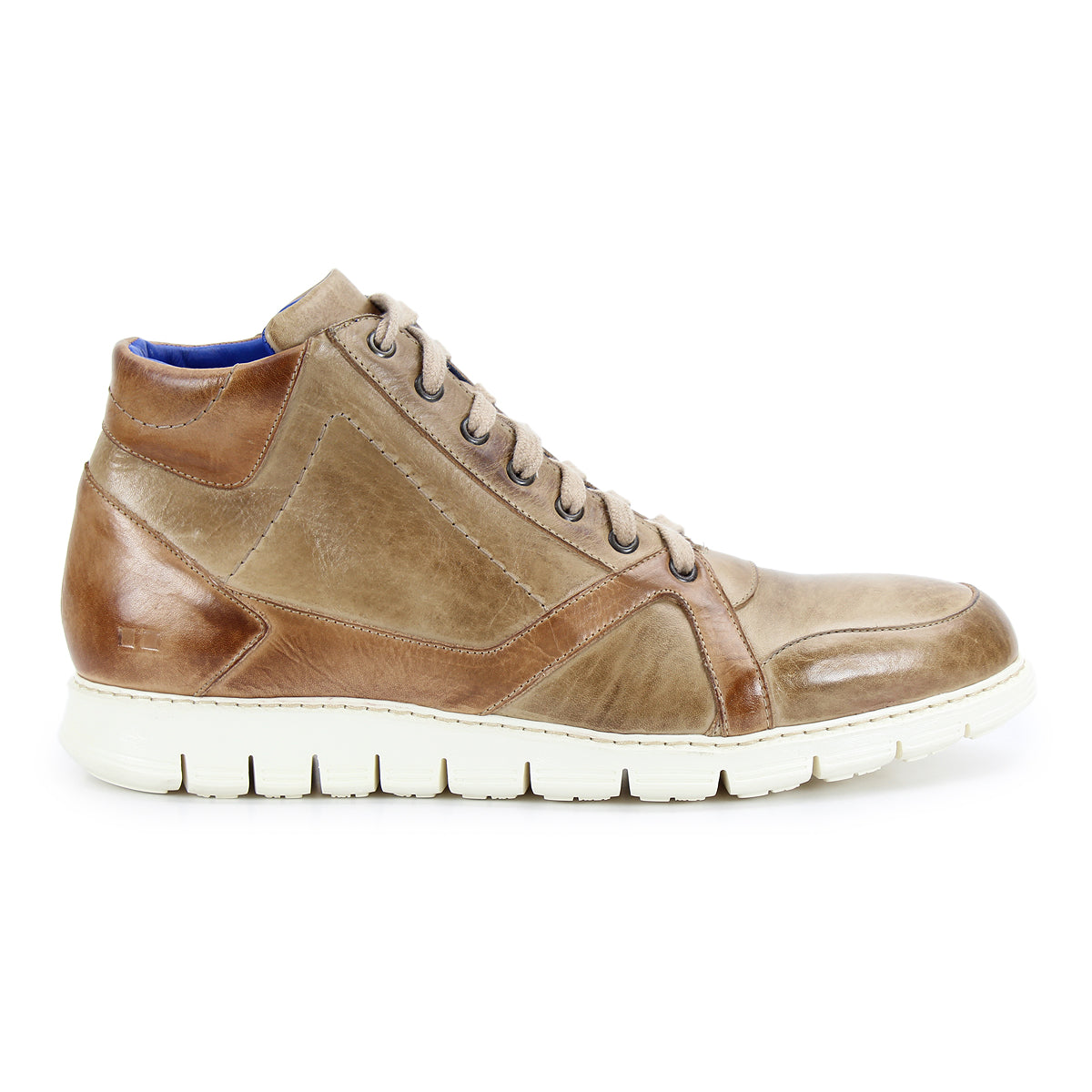 The Bed|Stü Barton is a brown leather high-top sneaker featuring a two-tone leather design with tan stitching and laces. Shown in a left-side profile against a white background, this lightweight sole shoe delivers added comfort.