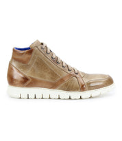The Bed|Stü Barton is a brown leather high-top sneaker featuring a two-tone leather design with tan stitching and laces. Shown in a left-side profile against a white background, this lightweight sole shoe delivers added comfort.