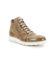 The Barton high-top sneaker by Bed|Stü features a brown two-tone leather upper with laces, stitching detail, and a lightweight white sole, shown at a slight angle on a white background.