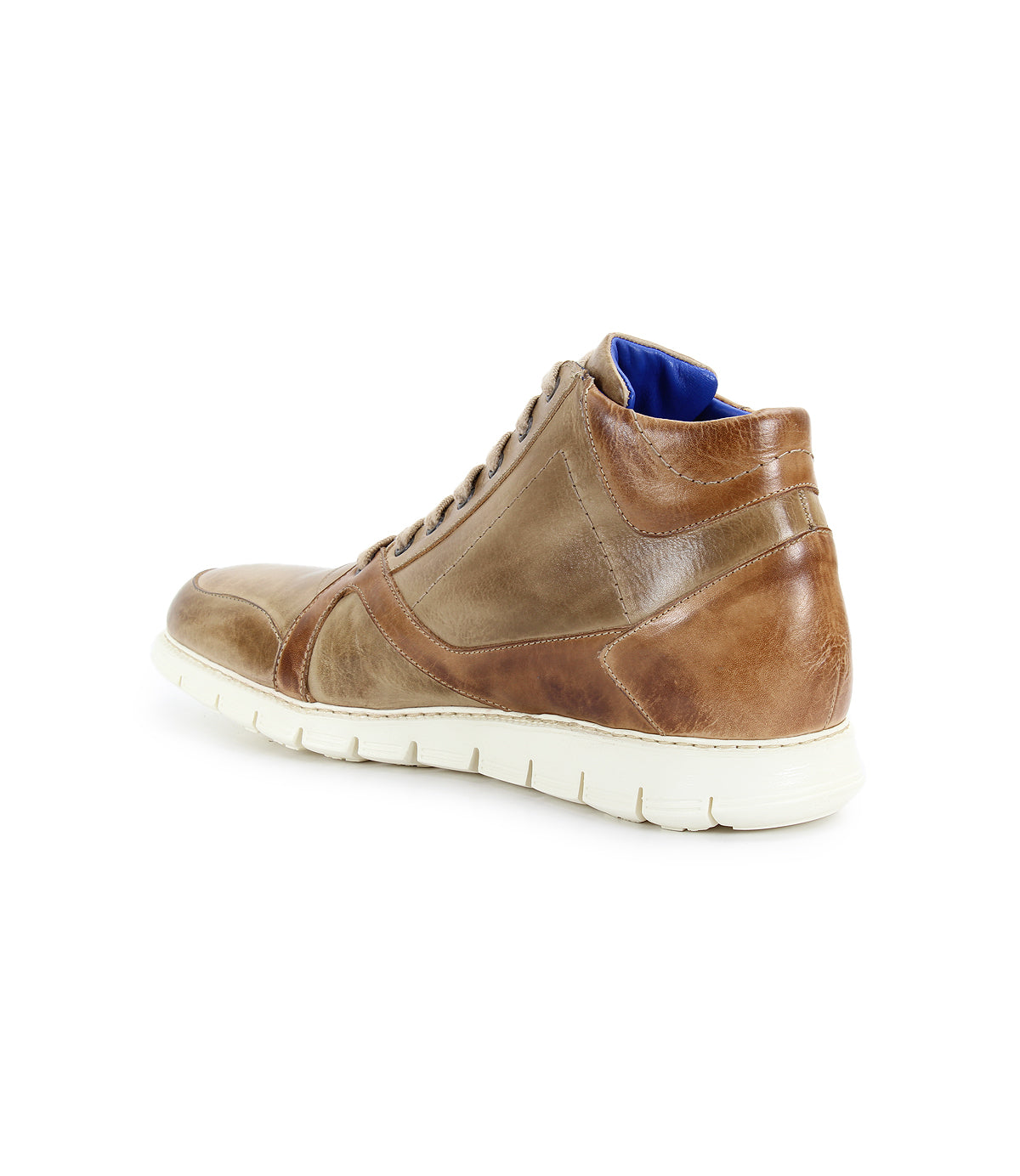 The Barton by Bed|Stü is a brown high-top sneaker made from two-tone leather, highlighted by a lightweight white sole and a blue inner lining, displayed at an angled back left view.